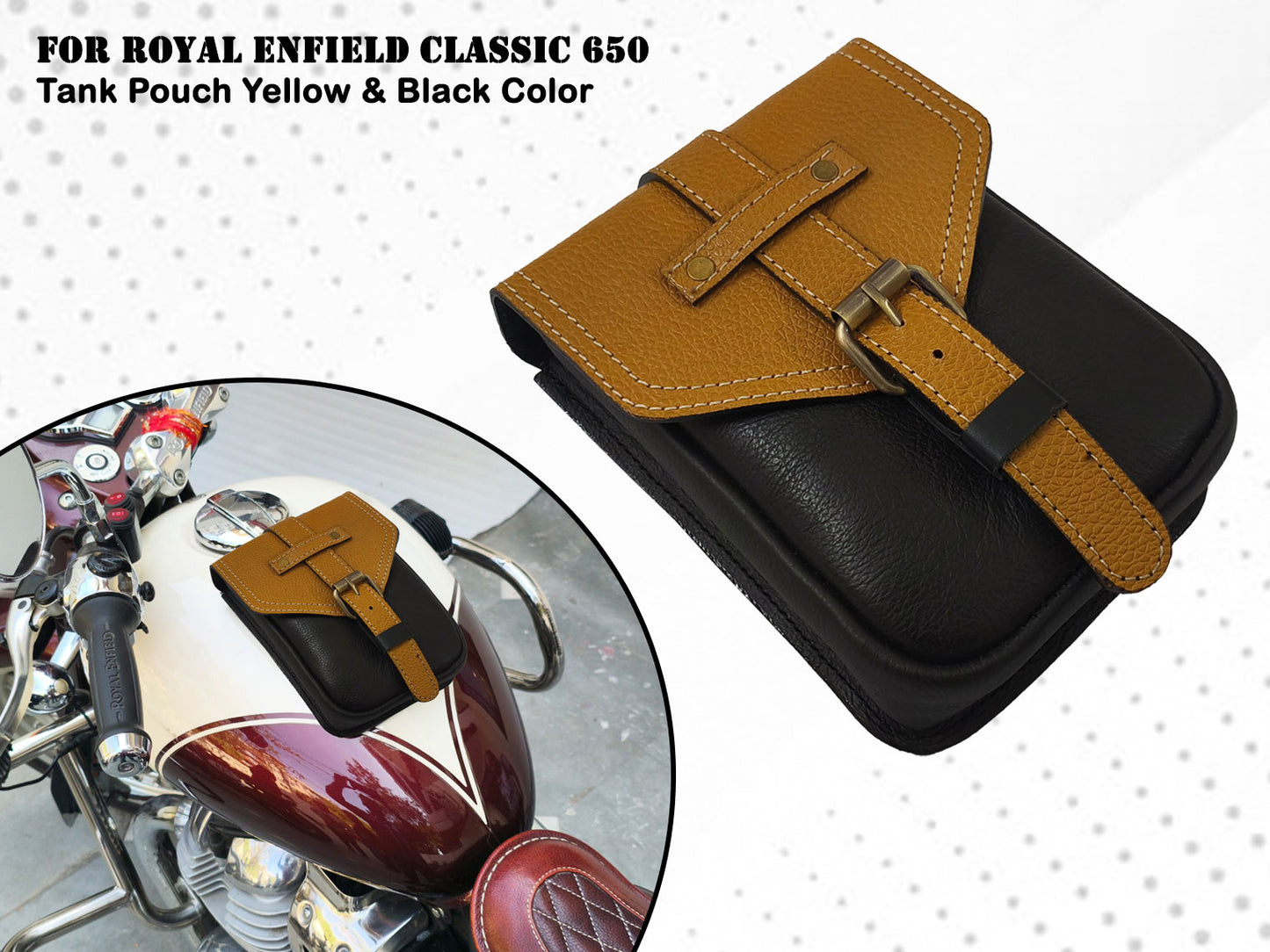 For Royal Enfield Classic 650 Leather Magnetic Tank Pouch Yellow & Black