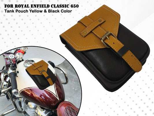 For Royal Enfield Classic 650 Leather Magnetic Tank Pouch Yellow & Black