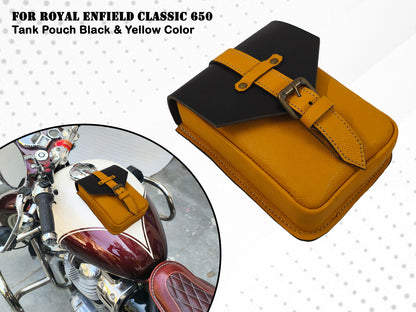 For Royal Enfield Classic 650 Leather Magnetic Tank Pouch Black & Yellow