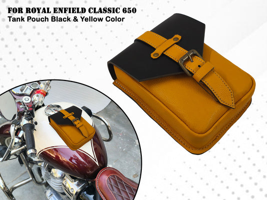 For Royal Enfield Classic 650 Leather Magnetic Tank Pouch Black & Yellow