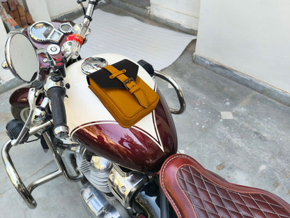 For Royal Enfield Classic 650 Leather Magnetic Tank Pouch Black & Yellow