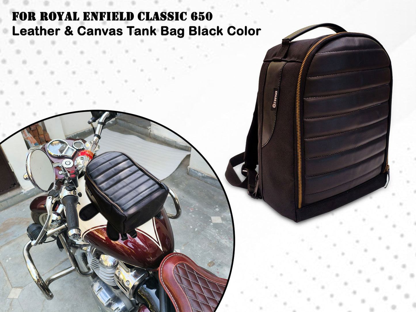 For Royal Enfield Classic 650 Leather & Canvas Tank Bag Black Color