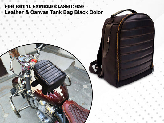 For Royal Enfield Classic 650 Leather & Canvas Tank Bag Black Color
