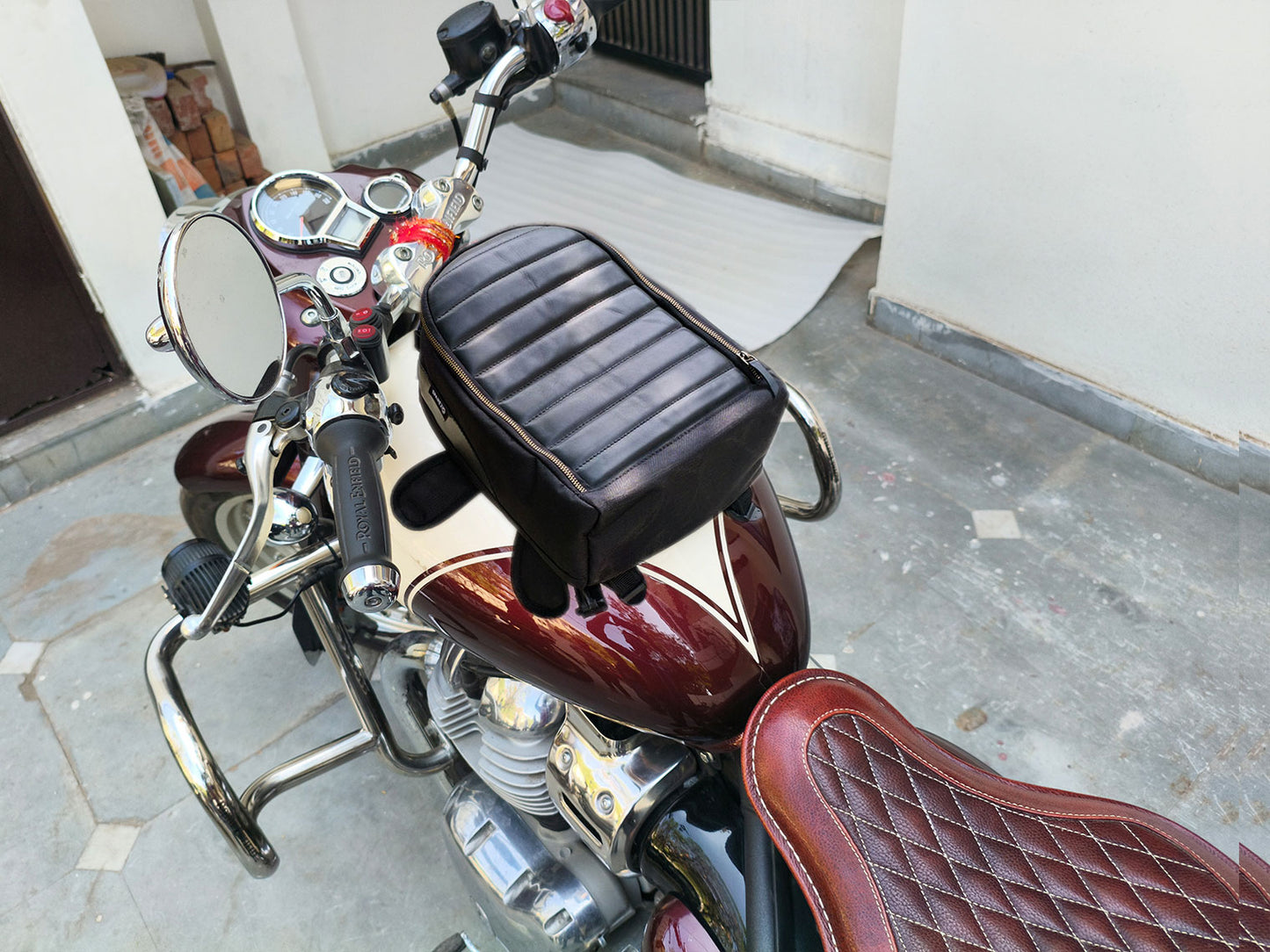For Royal Enfield Classic 650 Leather & Canvas Tank Bag Black Color