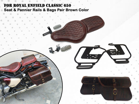 For Royal Enfield Classic 650 Front & Rear Seats And Saddle Stay With Bags Antique Brown