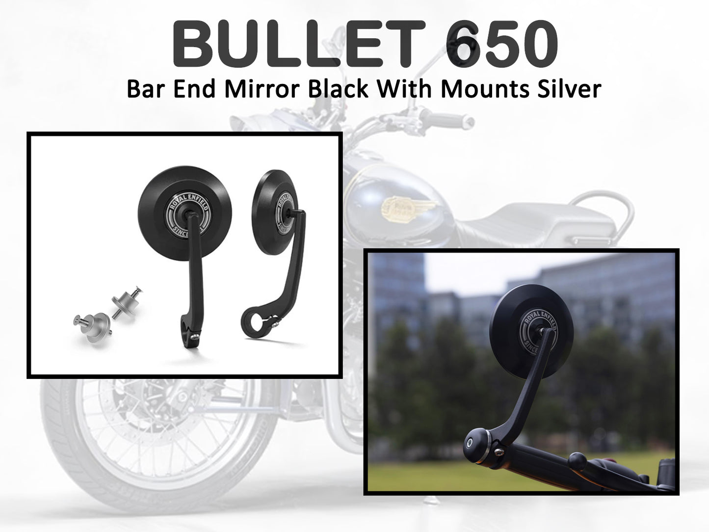 Genuine Royal Enfield Bullet 650 Bar End Mirror Black With Mounts Silver KXA00461, KXA00277