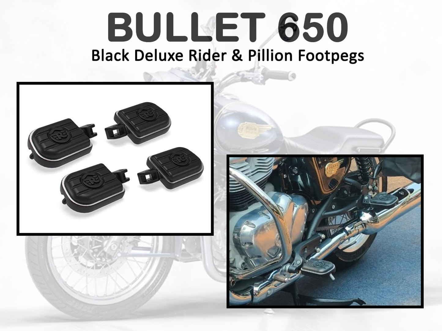 Genuine Royal Enfield Bullet 650 Deluxe Front & Rear Footpegs Black KXA00331, KXA00250