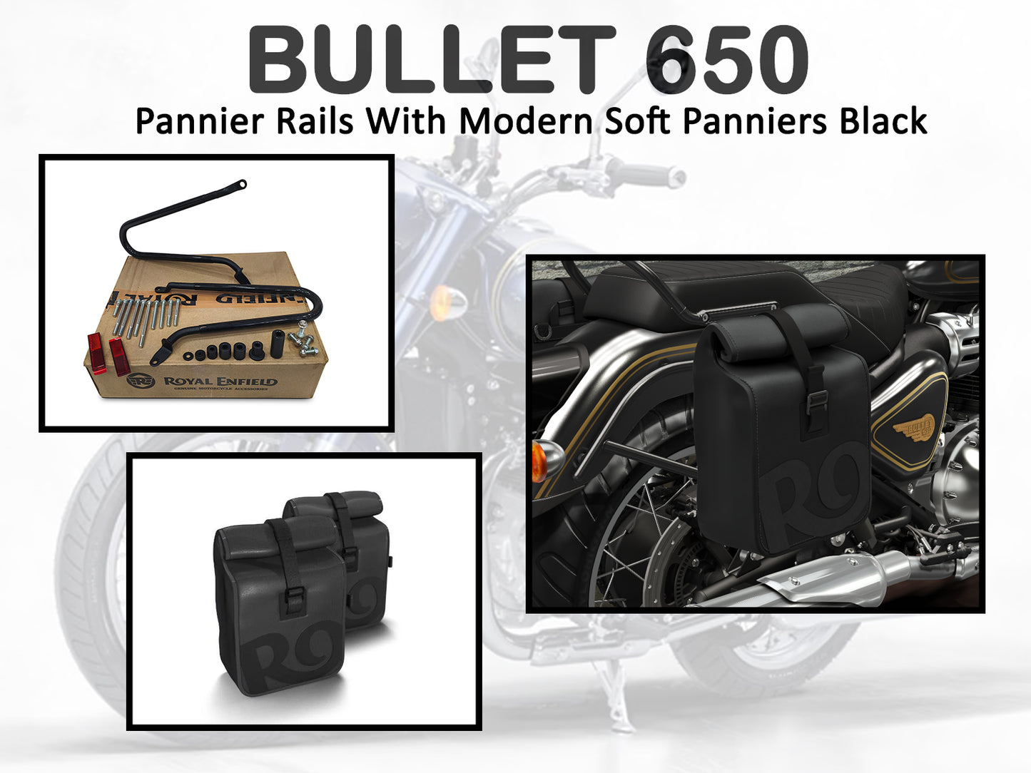Genuine Royal Enfield Bullet 650 Pannier Rails With Modern Soft Panniers Black