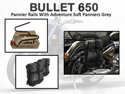 Genuine Royal Enfield Bullet 650 Pannier Rails With Adventure Soft Panniers Grey