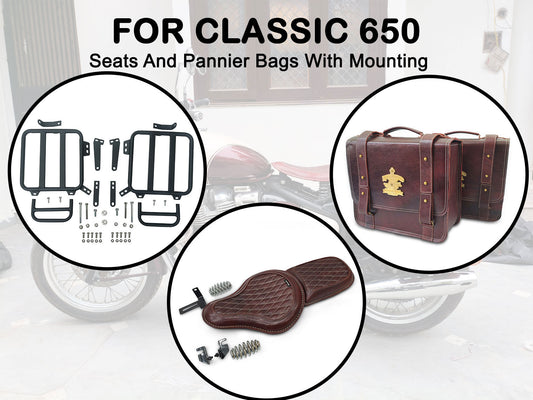 For Royal Enfield Classic 650 Seats And Pannier Bags With Mounting Antique Brown