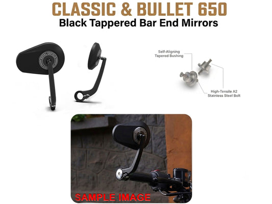 Royal Enfield Classic & Bullet 650 Tappered Bar End Mirrors Black With Mounts