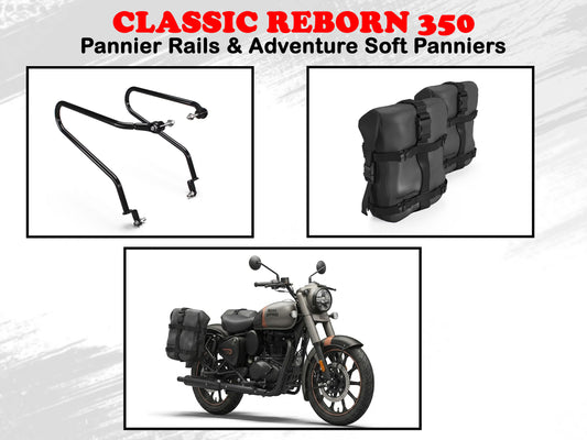Genuine Royal Enfield Classic Reborn 350 Pannier Rails & Adventure Soft Panniers