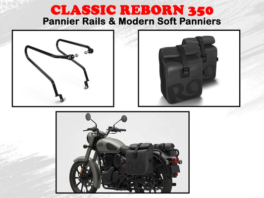 Genuine Royal Enfield Classic Reborn 350 Pannier Rails & Modern Soft Panniers