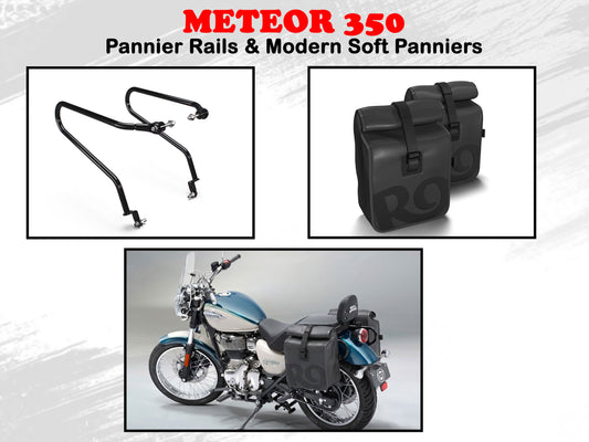 Genuine Royal Enfield Meteor 350 Pannier Rails & Modern Soft Panniers