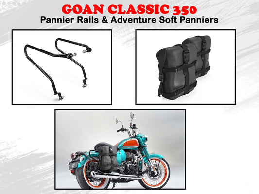 Genuine Royal Enfield Goan Classic 350 Pannier Rails & Adventure Soft Panniers