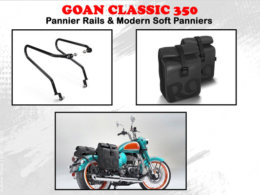 Genuine Royal Enfield Goan Classic 350 Pannier Rails & Modern Soft Panniers
