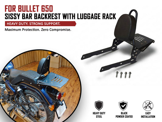 For Royal Enfield Bullet 650 Sissy Bar Backrest With Luggage Rack Black