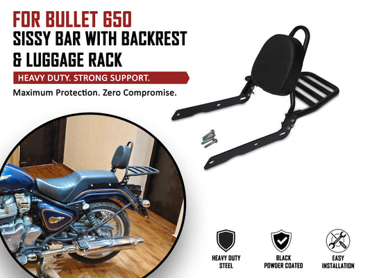 For Royal Enfield Bullet 650 Rear Sissy Bar With Backrest & Luggage Rack Black