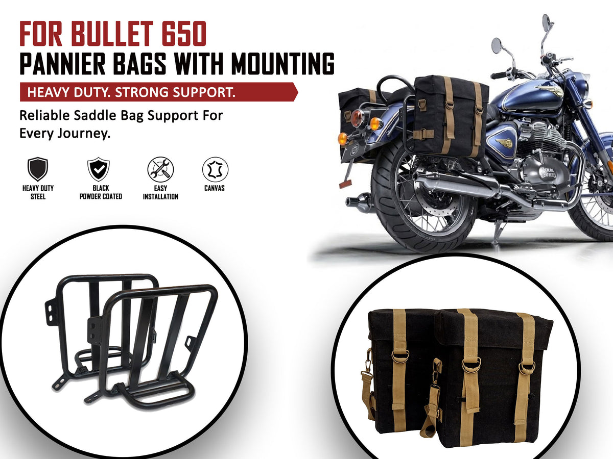 For Royal Enfield Bullet 650 Military Pannier Bags Black & Golden & Mounting