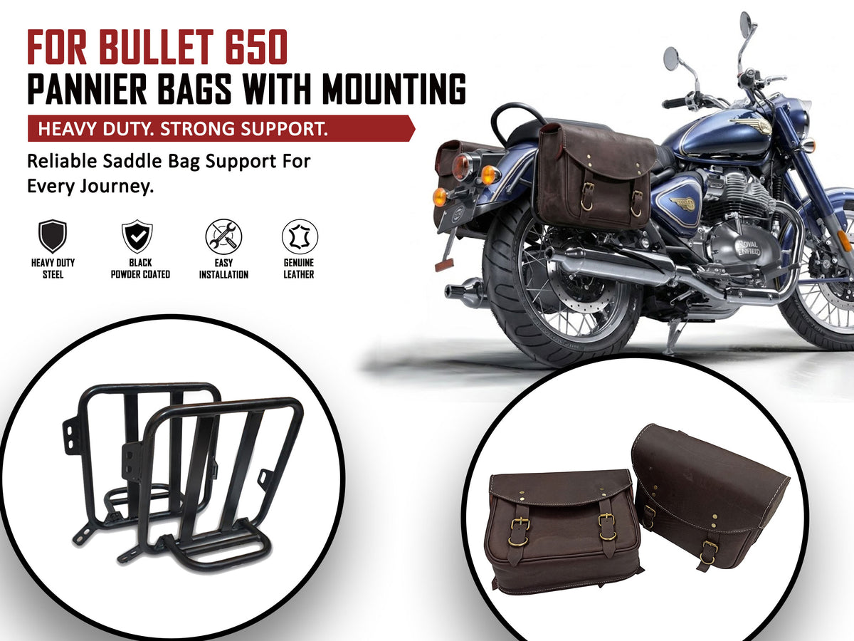For Royal Enfield Bullet 650 Genuine Leather Pannier Bags With Mounting D3