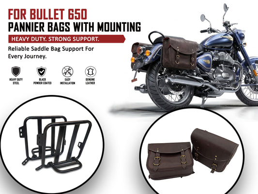 For Royal Enfield Bullet 650 Genuine Leather Pannier Bags With Mounting D3
