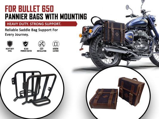 For Royal Enfield Bullet 650 Leather & Canvas Pannier Bags & Mounting D14