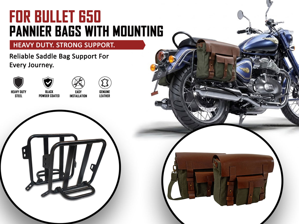 For Royal Enfield Bullet 650 Leather & Canvas Pannier Bags & Mounting D15