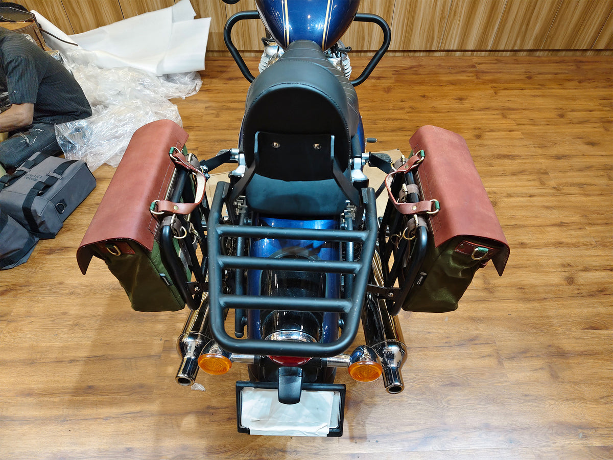 For Royal Enfield Bullet 650 Leather & Canvas Pannier Bags & Mounting D15