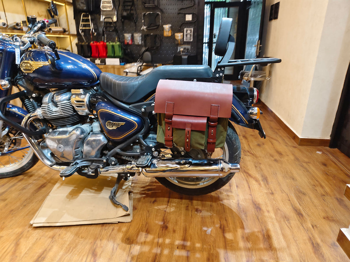 For Royal Enfield Bullet 650 Leather & Canvas Pannier Bags & Mounting D15