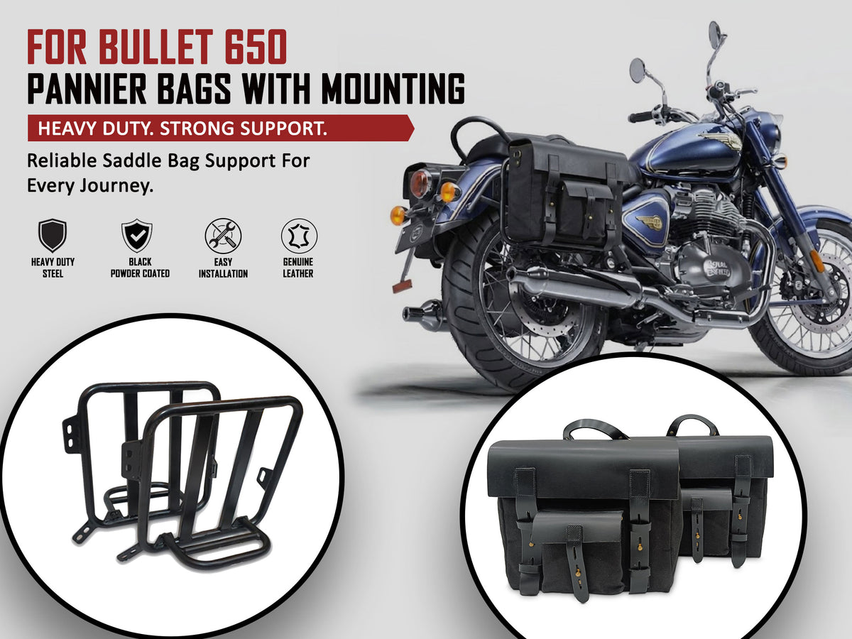 For Royal Enfield Bullet 650 Leather & Canvas Pannier Bags & Mounting D16