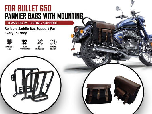For Royal Enfield Bullet 650 Leather & Canvas Pannier Bags & Mounting D17