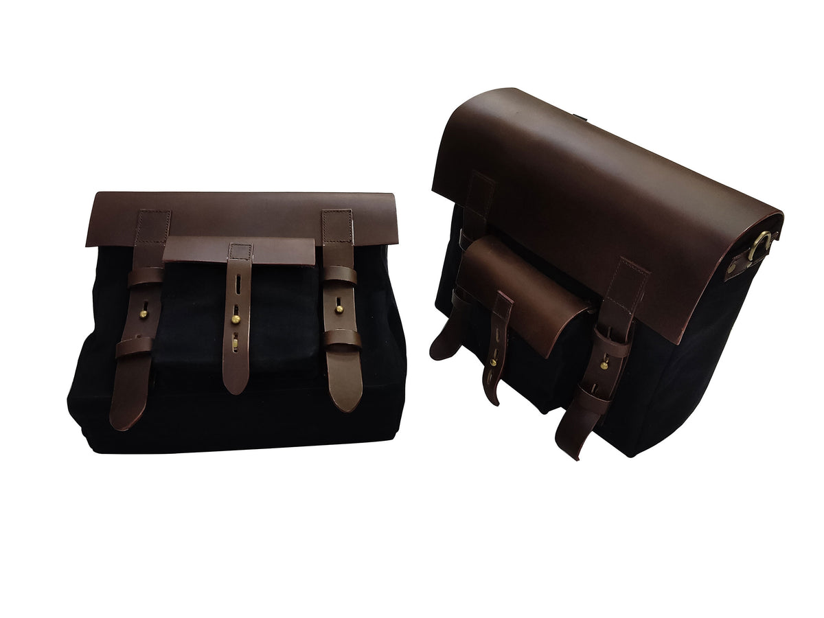 For Royal Enfield Bullet 650 Leather & Canvas Pannier Bags & Mounting D17