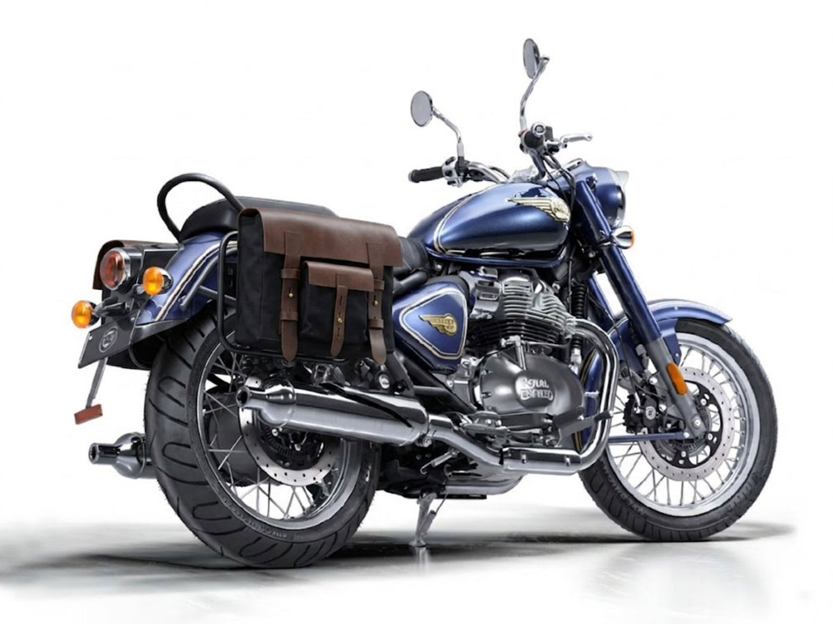 For Royal Enfield Bullet 650 Leather & Canvas Pannier Bags & Mounting D17