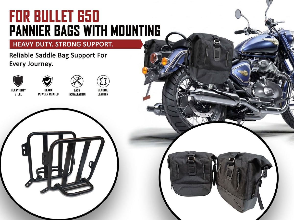 For Royal Enfield Bullet 650 Leather & Canvas Pannier Bags & Mounting D18