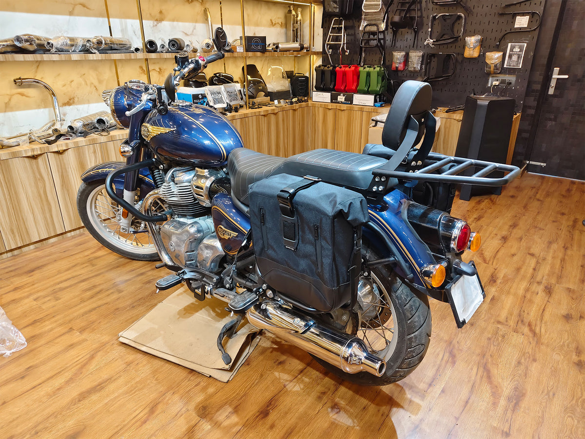 For Royal Enfield Bullet 650 Leather & Canvas Pannier Bags & Mounting D18