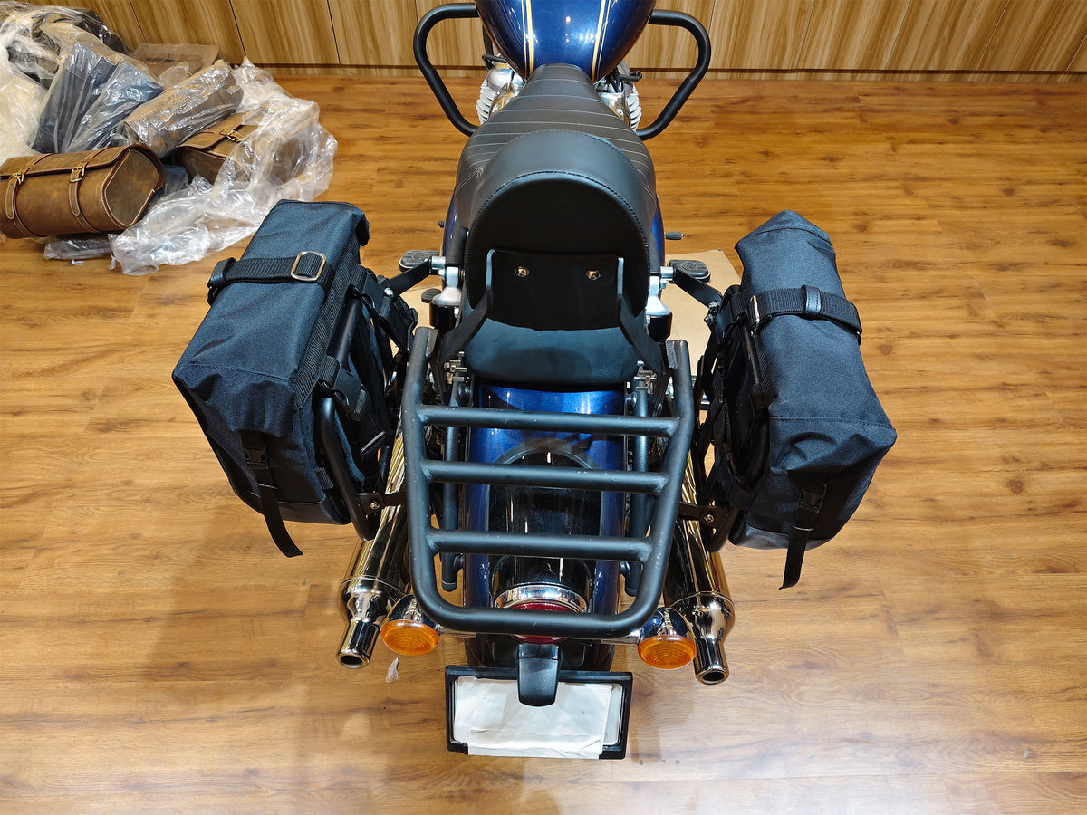 For Royal Enfield Bullet 650 Leather & Canvas Pannier Bags & Mounting D18