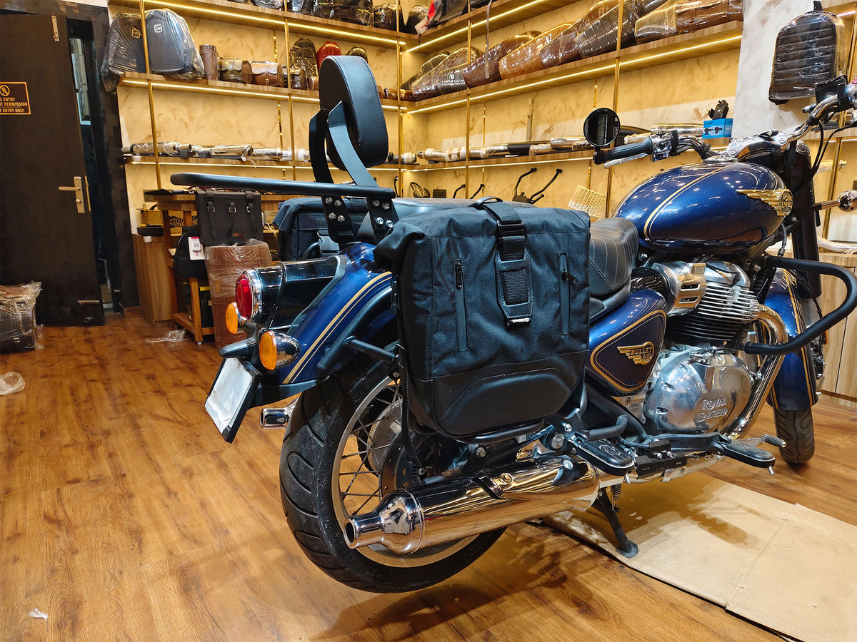 For Royal Enfield Bullet 650 Leather & Canvas Pannier Bags & Mounting D18