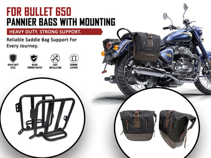 For Royal Enfield Bullet 650 Leather & Canvas Pannier Bags & Mounting D19