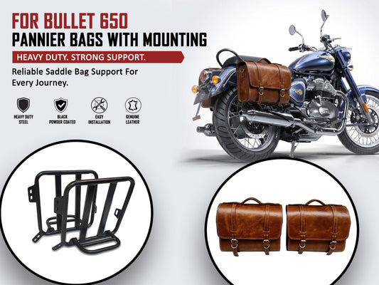 For Royal Enfield Bullet 650 Genuine Leather Pannier Bags & Mounting D21