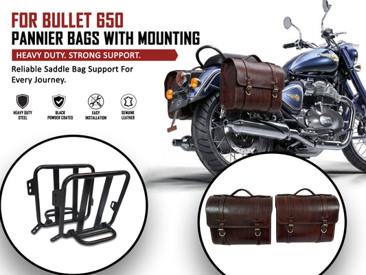 For Royal Enfield Bullet 650 Genuine Leather Pannier Bags & Mounting D22