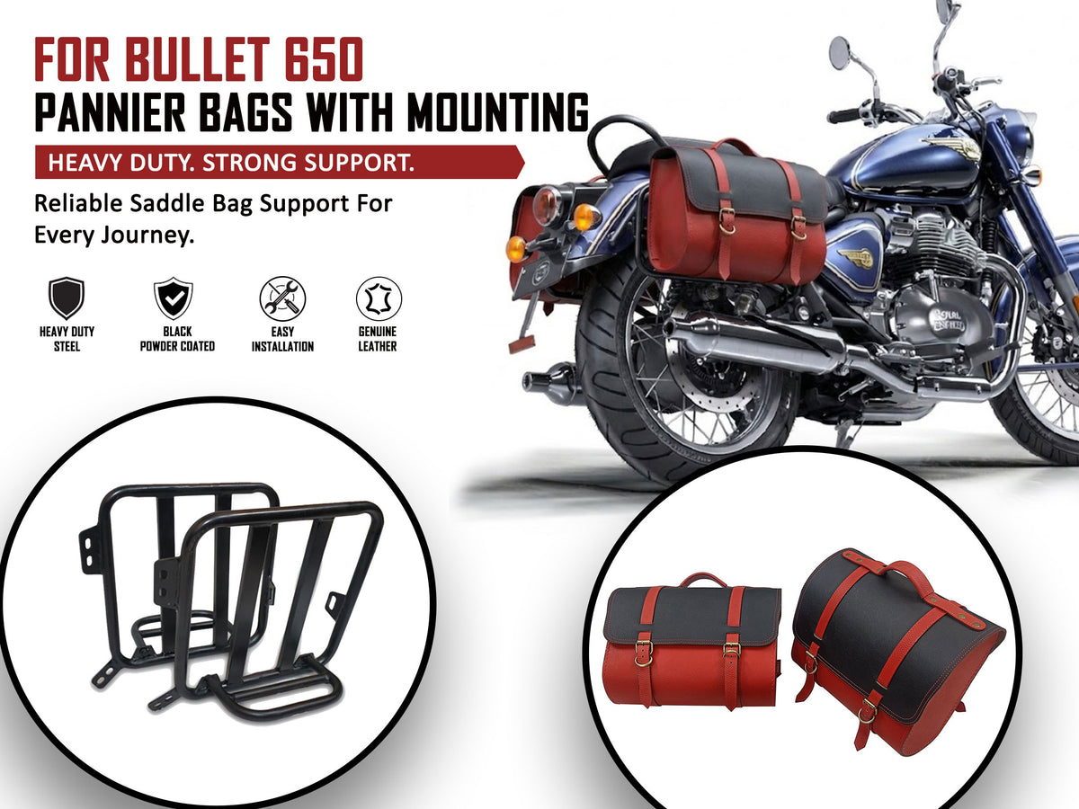 For Royal Enfield Bullet 650 Genuine Leather Pannier Bags & Mounting D23