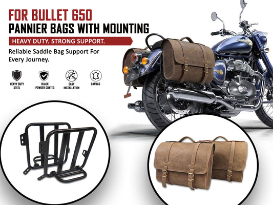 For Royal Enfield Bullet 650 Genuine Leather Pannier Bags & Mounting D28
