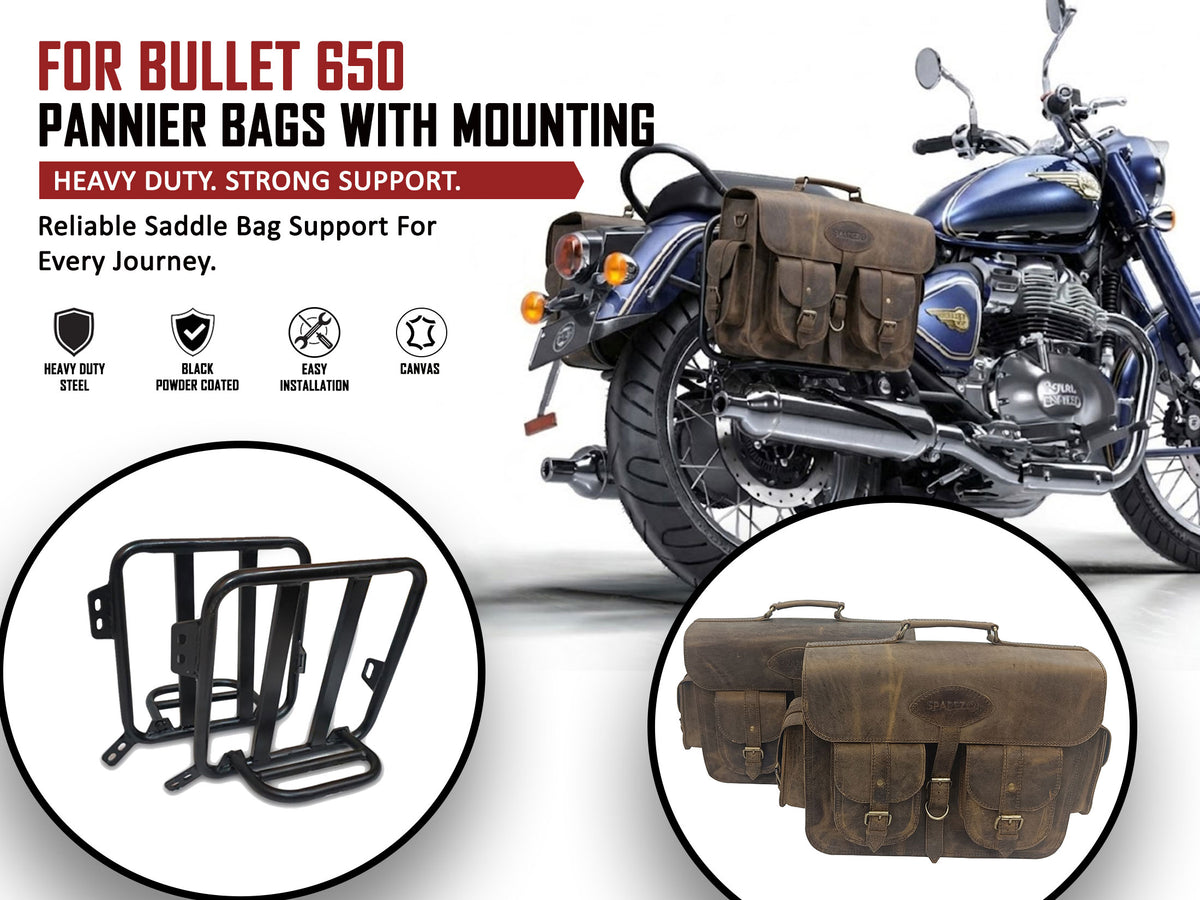 For Royal Enfield Bullet 650 Genuine Leather Pannier Bags & Mounting D32