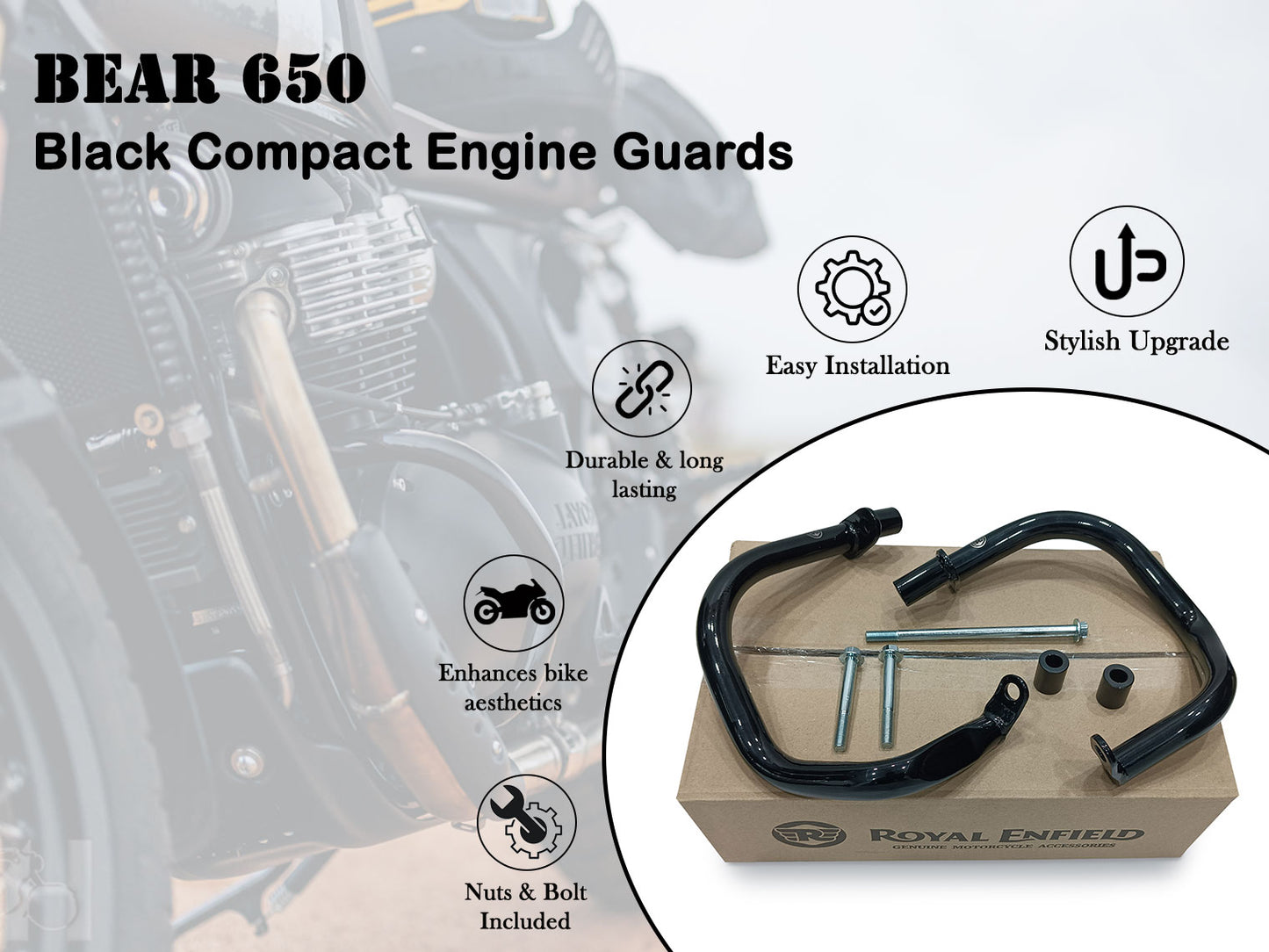 Genuine Royal Enfield Bear 650 Compact Engine Guard, Black 1990505