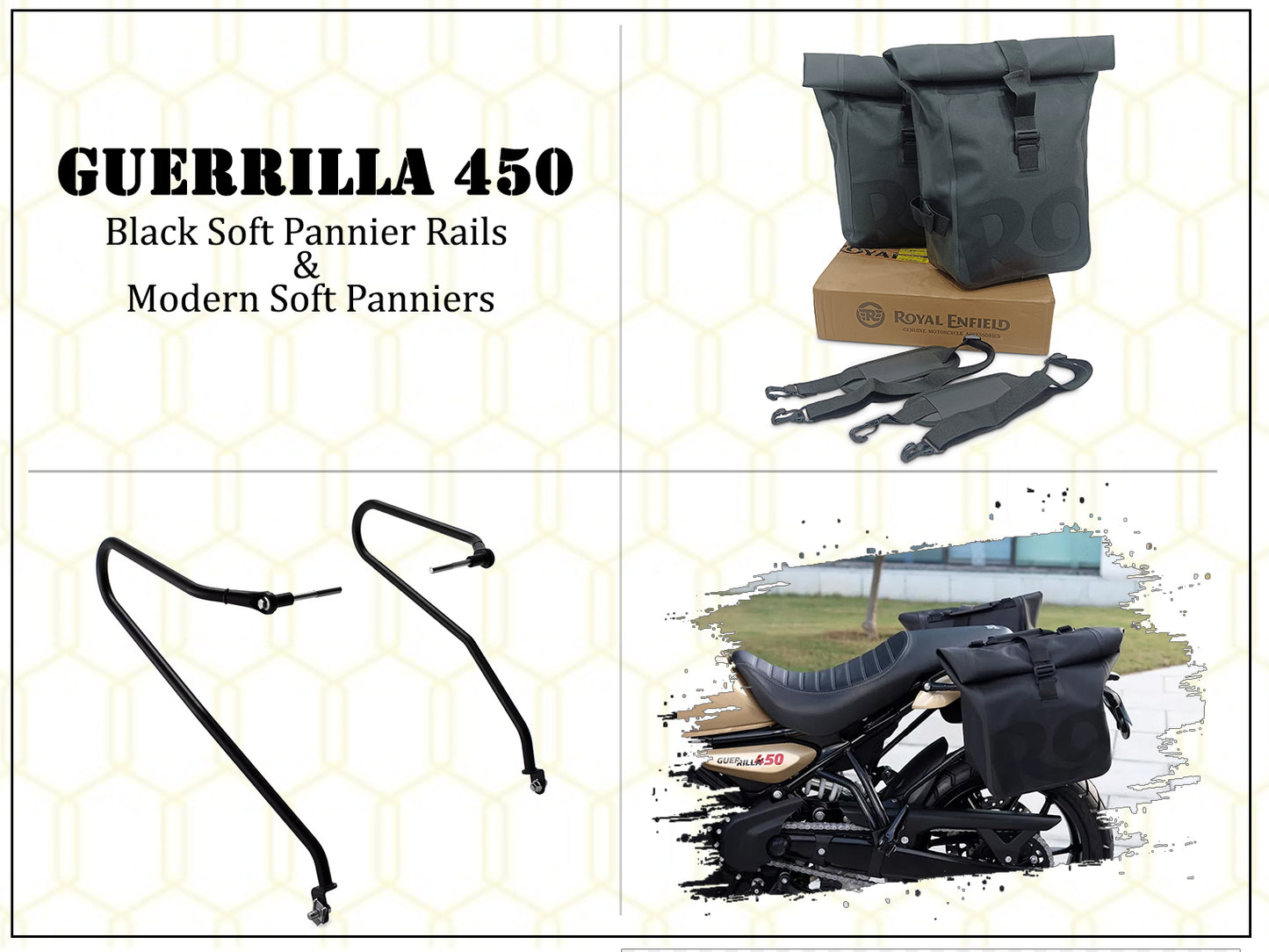 Genuine Royal Enfield Guerrilla 450 Modern Soft Pannier Bags And Mounting Rails Black