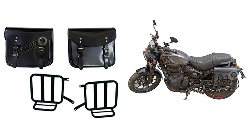 Royal Enfield Hunter 350 Leather Saddle Bags Glossy Black With Mounting Pair
