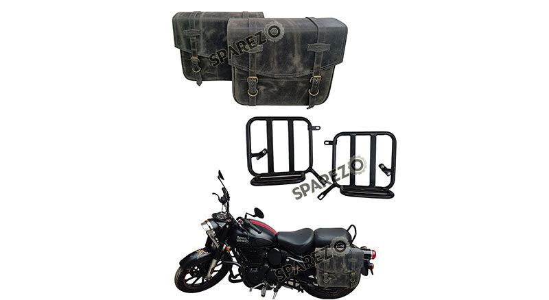 Royal Enfield Classic Reborn 350 Grey Black Leather Bags with Mounting Pair