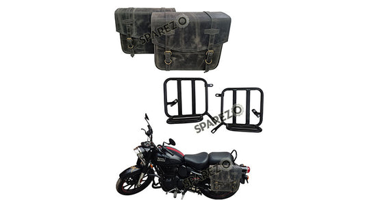 Royal Enfield Classic Reborn 350 Grey Black Leather Bags with Mounting Pair