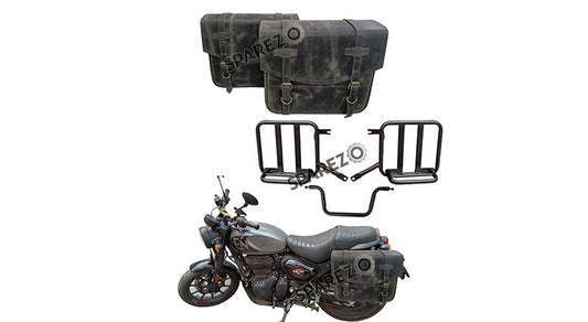 Royal Enfield Hunter 350 Grey Black Leather Bags with Mounting Pair