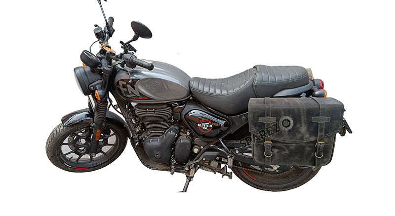 Royal Enfield Hunter 350 Grey Black Leather Bags with Mounting Pair
